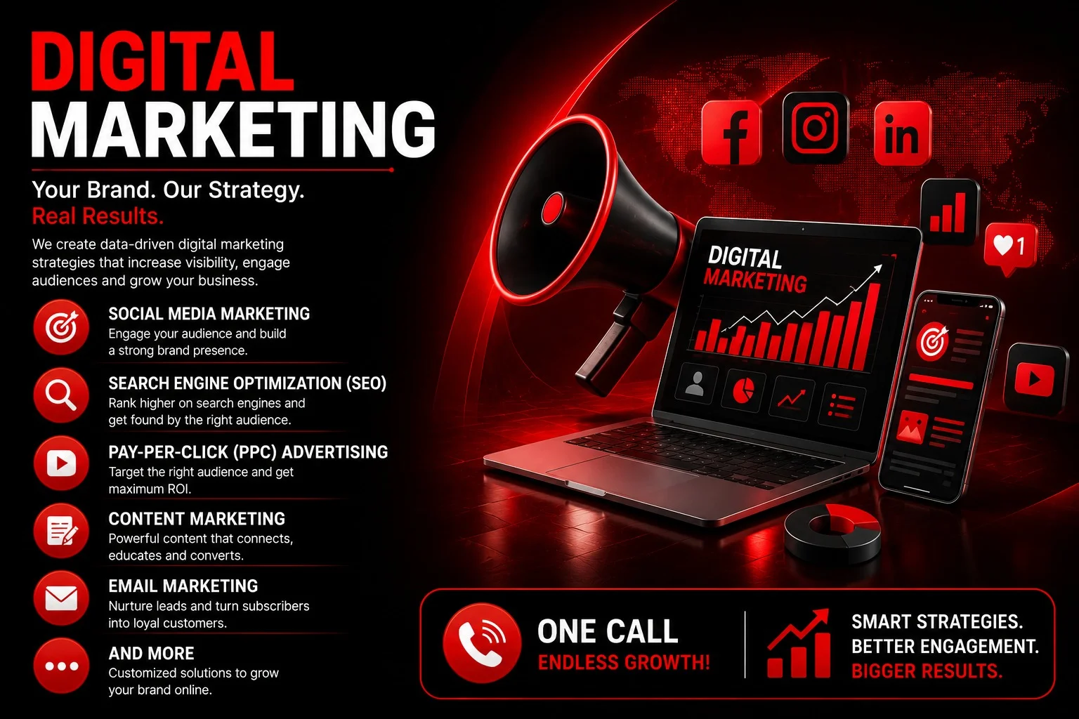 Digital marketing services graphic showing SEO, PPC advertising, social media marketing, content marketing and lead generation solutions